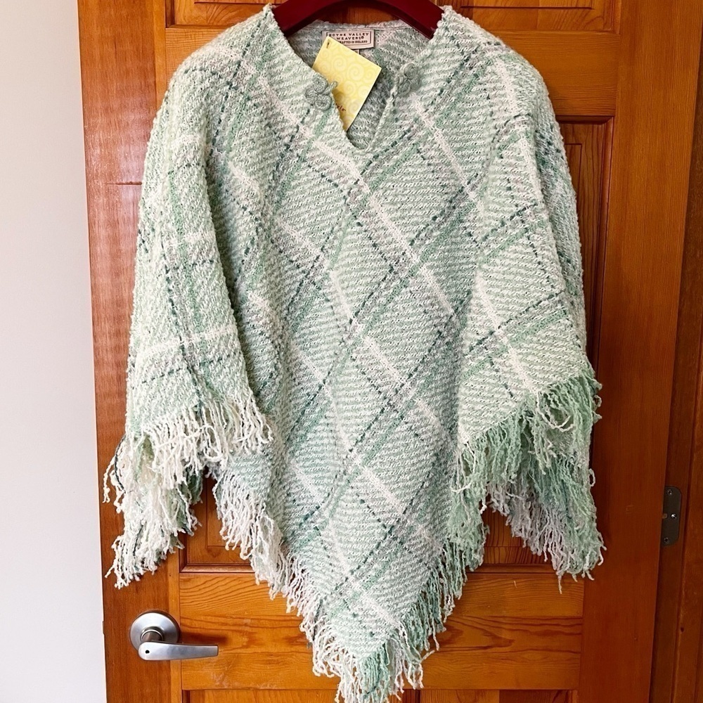 Boyne Valley Weavers Womens Poncho Green Plaid Cape Wool Alpaca Handmade Fringe